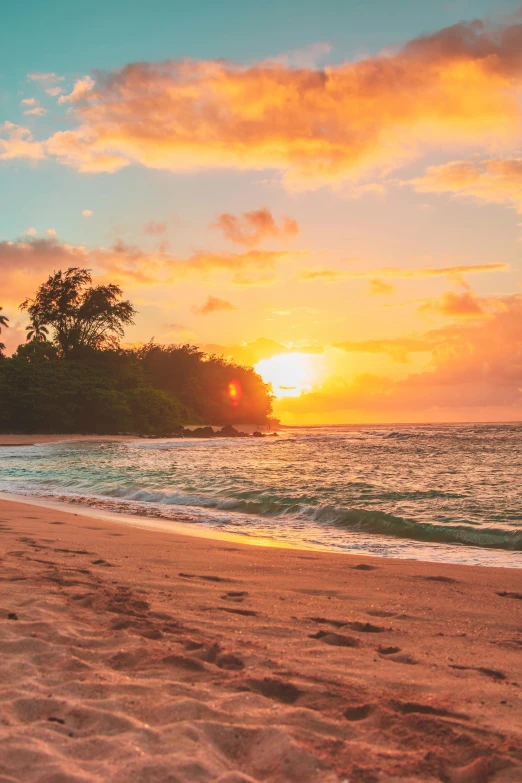 a man riding a surfboard on top of a sandy beach, during a sunset, beach on the outer rim, red sand beach, beach trees in the background