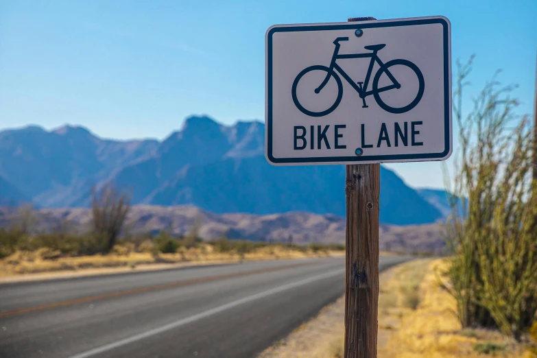 a bike lane sign sitting on the side of a road, by Wayne England, unsplash, folk art, mojave desert, profile image, 🚿🗝📝