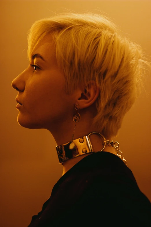 a woman with a collar around her neck, an album cover, inspired by Elsa Bleda, trending on pexels, short platinum hair tomboy, nishihara isao, jewelry, golden glow