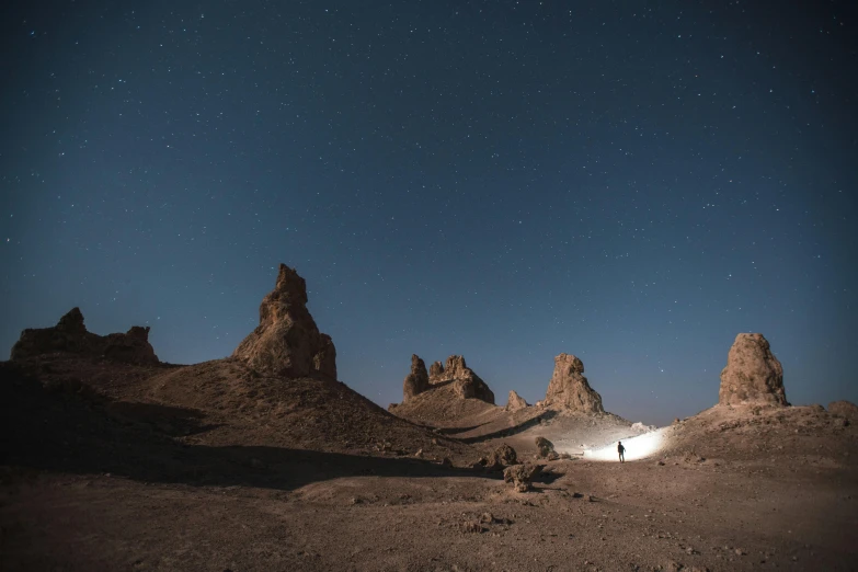 a person standing in the middle of a desert, inspired by Michal Karcz, unsplash contest winner, at night with lights, majestic spires, searchlights in background, with jagged rocks and eerie