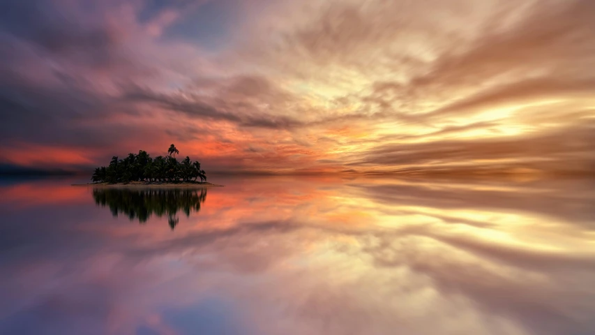 a small island in the middle of a body of water, by Dan Luvisi, pexels contest winner, romanticism, colourful sky, 8k resolution”, reflexions, tropical landscape