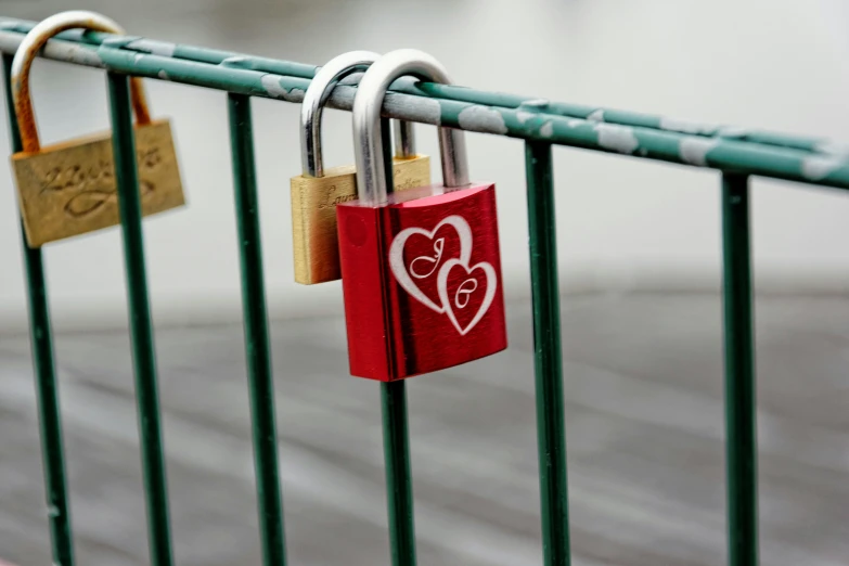 a couple of padlocks attached to a fence, inspired by Storm Thorgerson, pexels, viridian and venetian red, print, rectangle, hearts