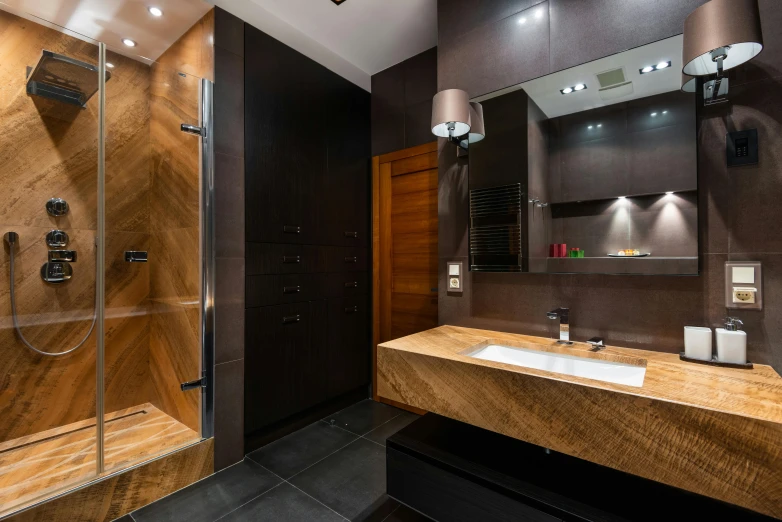a bathroom with a walk in shower next to a sink, by Julia Pishtar, unsplash, black and brown colors, decorated polished wood, luxury materials, slate