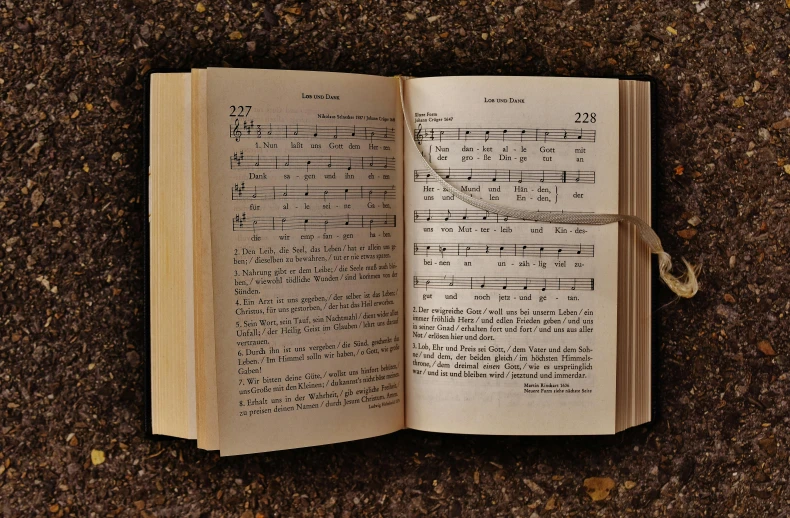 an open book laying on the ground, an album cover, by Daniel Lieske, pexels, happening, choir, old testament, made of notation, religious