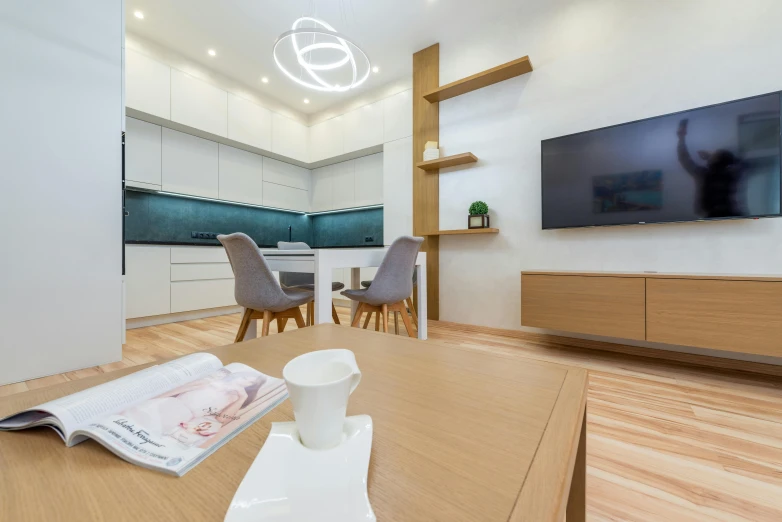 a living room filled with furniture and a flat screen tv, a picture, by Adam Marczyński, pexels contest winner, light and space, kitchenette and conferenceroom, fresh modern style, simple ceiling, profile image