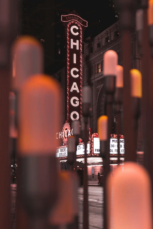 the chicago theater sign is lit up at night, pexels contest winner, neon pillars, movie photo, looking away, college