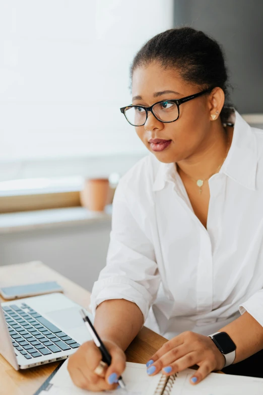 a woman sitting at a desk in front of a laptop, wearing a white button up shirt, nerdy black girl super hero, intense knowledge, trending on markets