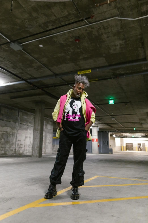 a person standing in a parking garage with a skateboard, a portrait, by Winona Nelson, happening, wayne - coyne, young thug, press photo, square