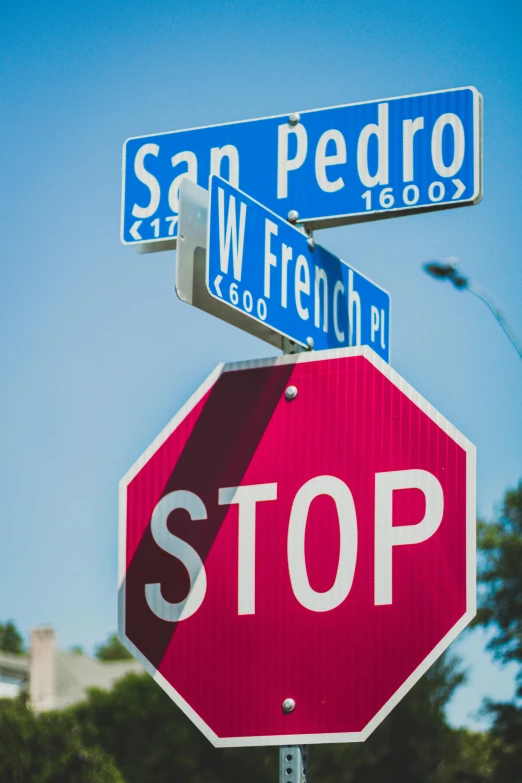a stop sign with two street signs on top of it, an album cover, by Ryan Pancoast, trending on unsplash, mexican standoff, square, french, the city of santa barbara