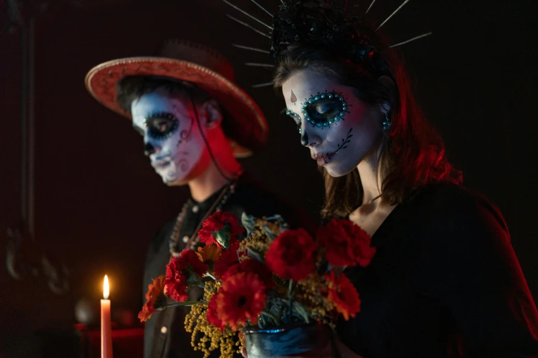 a couple of people that are standing next to each other, pexels, vanitas, dia de los muertos, avatar image, underlit, film still promotional image