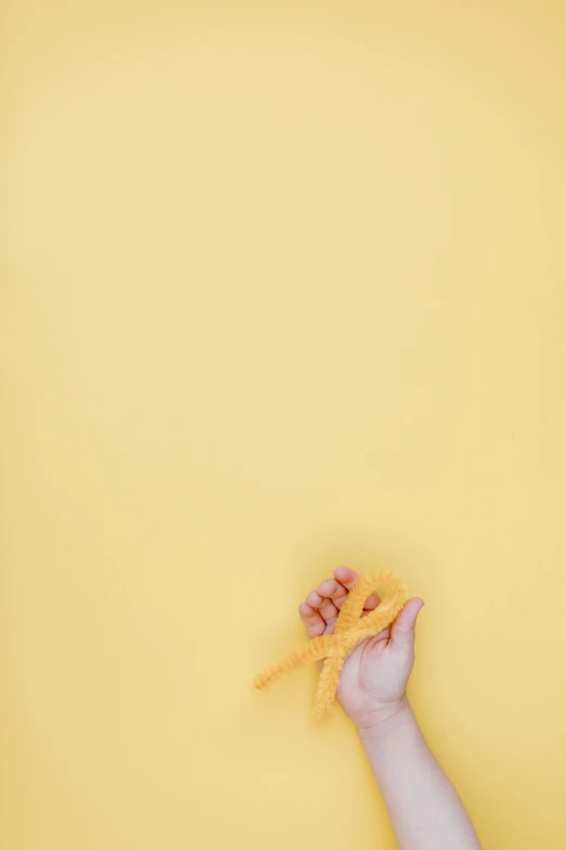 a person holding a piece of paper in their hand, by Nathalie Rattner, pexels contest winner, conceptual art, banana color, made of spaghetti, toy commercial photo, wall ]