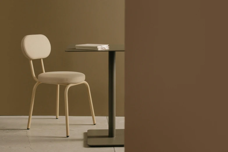 a chair and a table in a room, inspired by Francesco Furini, figuration libre, sandy beige, 2 people, rounded, cafe