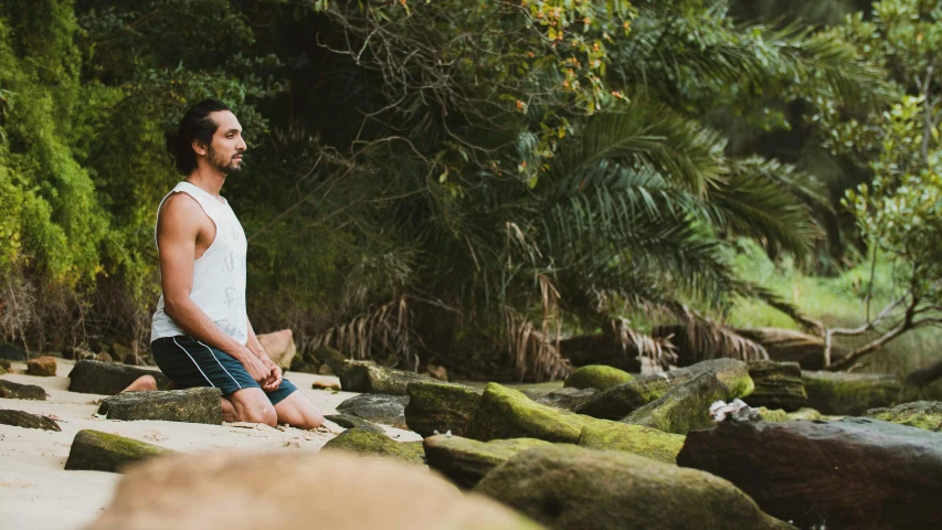 a man sitting on a rock in the middle of a forest, a portrait, by Lee Loughridge, unsplash, yoga, in a beachfront environment, manly, avatar image