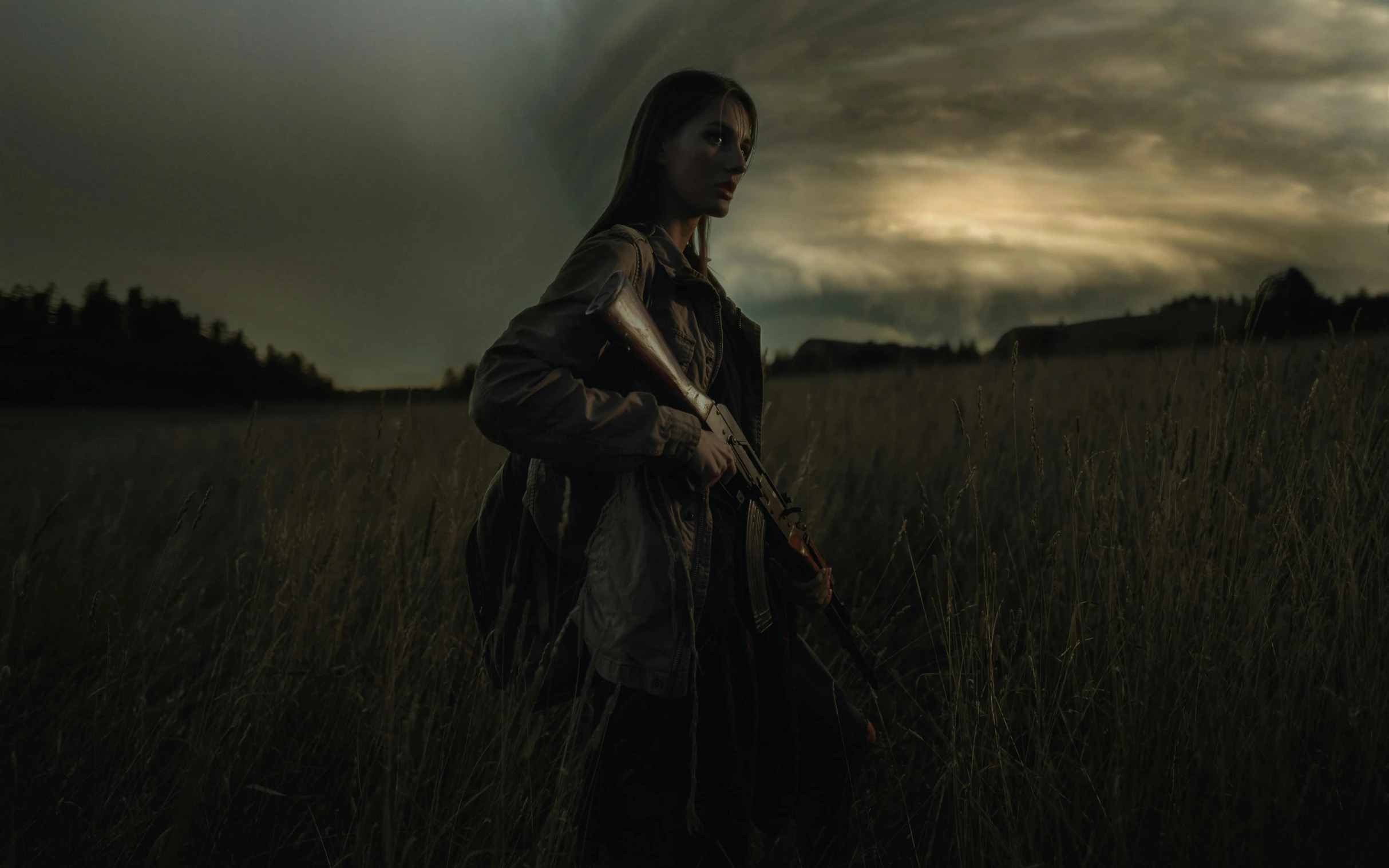 a woman standing in a field holding a rifle, an album cover, by Adam Marczyński, pexels contest winner, realism, dark moody backlighting, photorealistic logan movie still, ( ( theatrical ) ), southern gothic