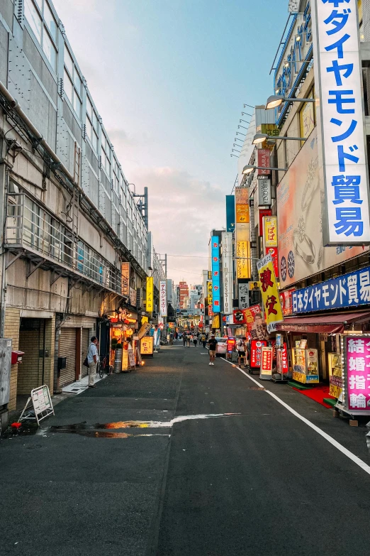 a street filled with lots of signs next to tall buildings, a picture, trending on unsplash, ukiyo-e, dilapidated neon signs, square, high quality photo, ethnicity : japanese