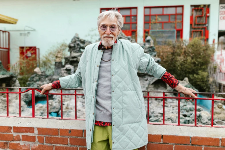 an older man standing in front of a building, by Tobias Stimmer, unsplash, weta studio and james jean, earthship, wearing a fancy jacket, old lady