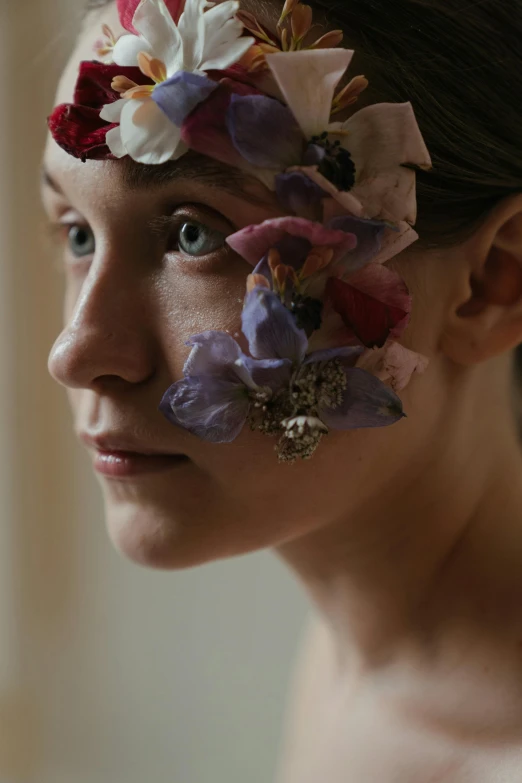 a woman with flowers in her hair, a picture, by Elizabeth Polunin, imax close-up of face, promo image, fragments, ignant