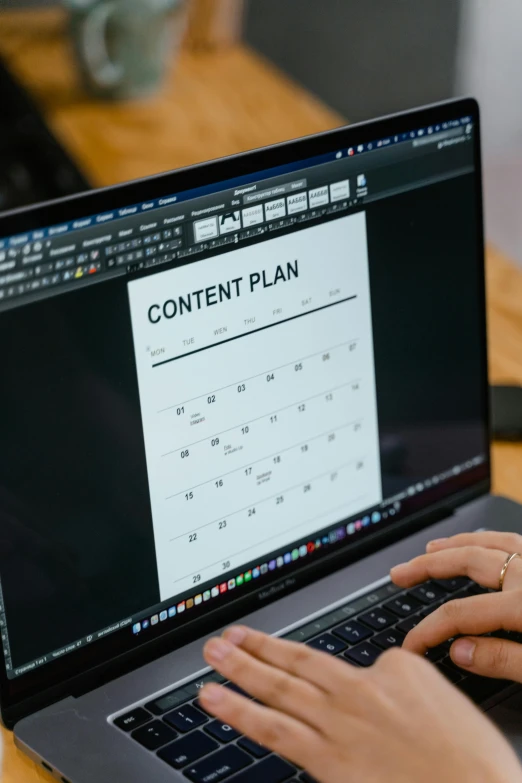 a person typing on a laptop with a content plan on the screen, a computer rendering, by Dan Content, pexels contest winner, thumbnail, teaser, middle shot, detailed screenshot