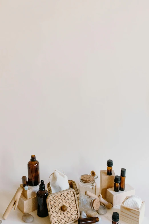 a bunch of bottles sitting on top of a table, by Carey Morris, trending on pexels, visual art, skincare, brown, minimalistic, - 9