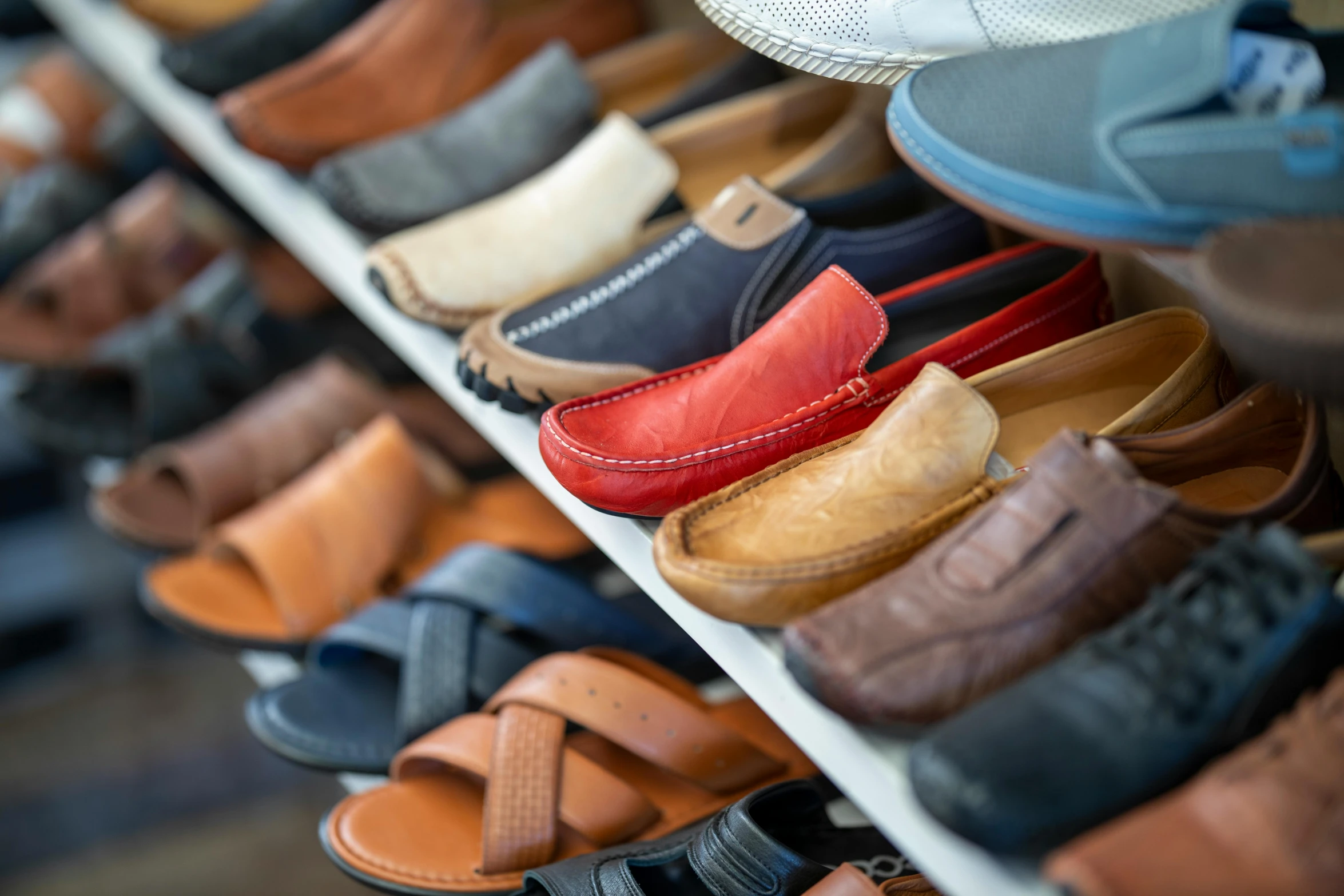 a rack filled with lots of different types of shoes, a picture, trending on pexels, black loafers, colored market stand, older male, thumbnail