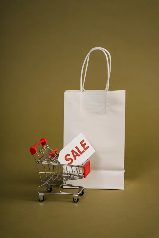 a shopping cart with a sale sign next to it, a portrait, by Ben Zoeller, renaissance, high quality paper, bag, professionally color graded, thumbnail