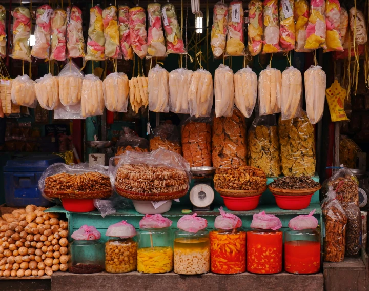 a store filled with lots of different types of food, a still life, nuttavut baiphowongse, square, pink, thumbnail