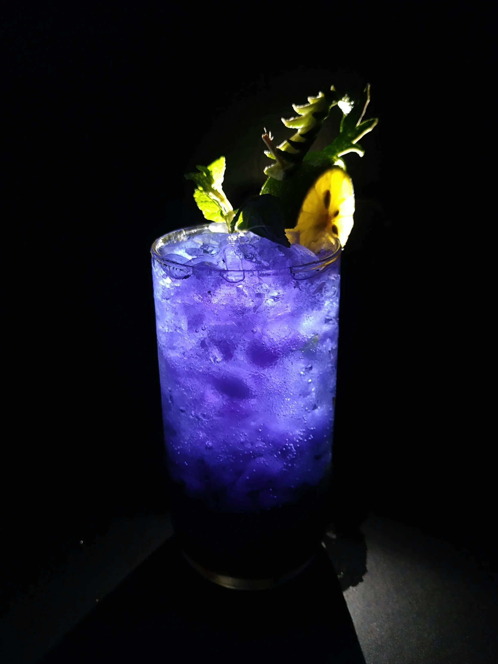 a blue cocktail with a pineapple garnish garnish garnish garnish garnish garnish garnish, by Robbie Trevino, demon black blue purple, multiple stories, e. h. beatrice blue, moonlight