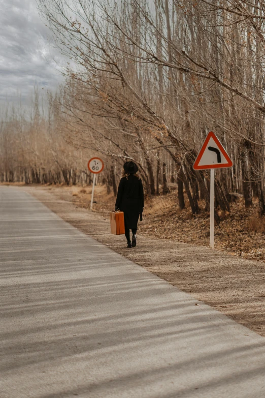 a woman walking down a road next to a forest, inspired by Steve McCurry, pexels contest winner, conceptual art, traffic signs, luggage, tehran, yume nikki