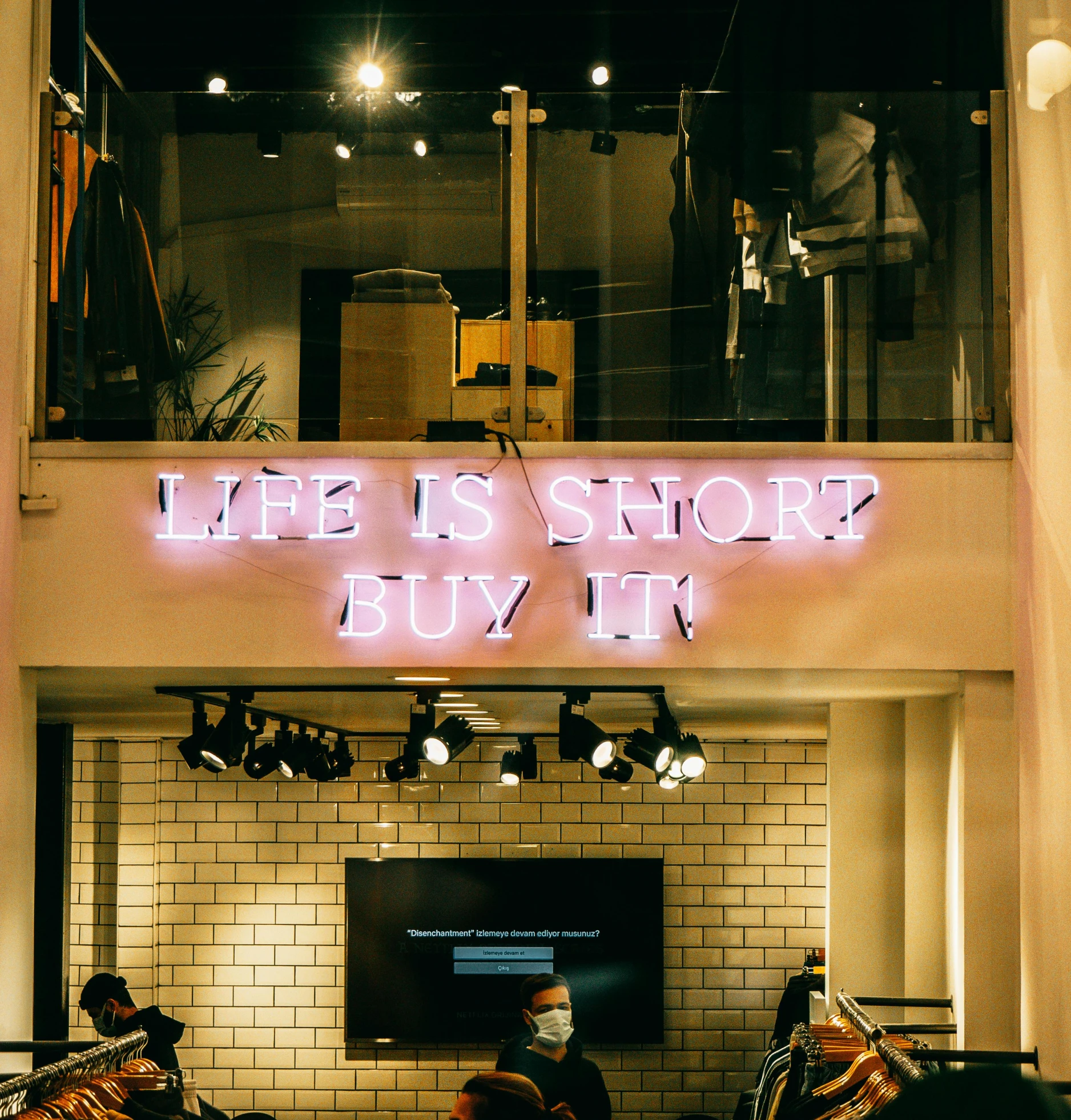 a neon sign that says life is short but i'm short, by Jens Søndergaard, unsplash contest winner, at a mall, in house, thumbnail, everything is neat