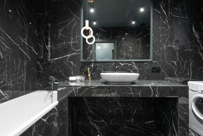 a bath room with a sink a bath tub and a mirror, a marble sculpture, by Patrick Pietropoli, unsplash contest winner, black marble, hyper realistic detailed, vanta black, made of marble