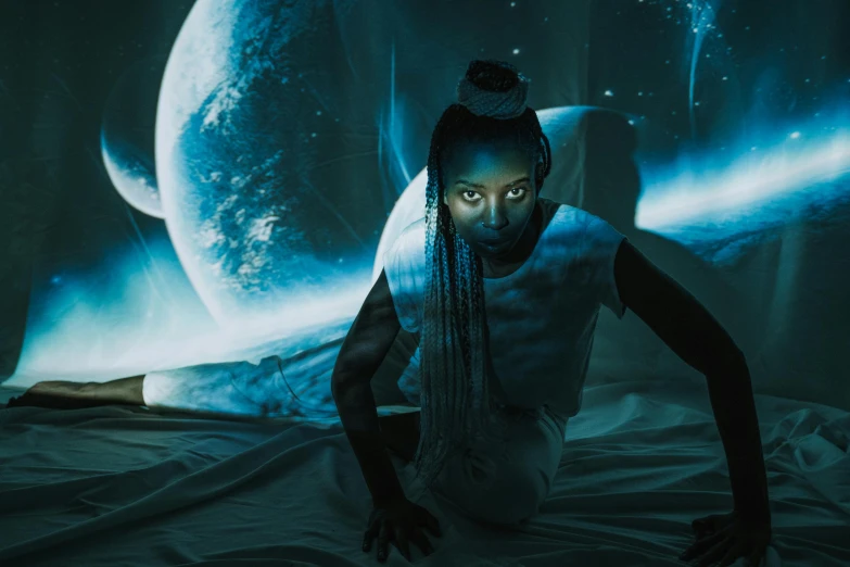 a woman with dreadlocks sitting on a bed, inspired by David LaChapelle, afrofuturism, in deep space, dramatic white and blue lighting, 2022 photograph, dramatic sci-fi movie still