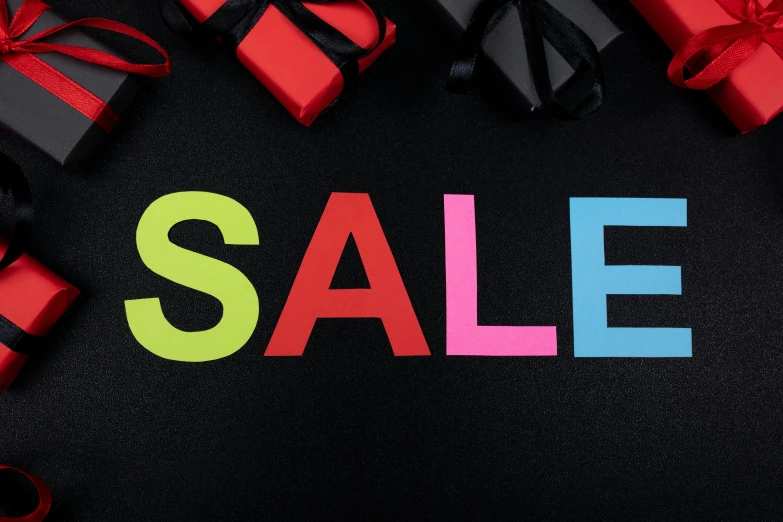 a sale sign surrounded by presents on a black background, by Julia Pishtar, brand colours are red and blue, neoprene, thumbnail, 3 - piece