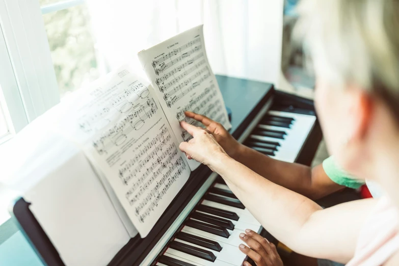 a woman is playing the piano with sheet music, pexels, multiple stories, half image, schools, thumbnail