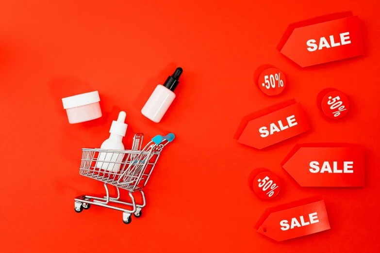 a shopping cart sitting on top of a red background, skincare, images on the sales website, medical labels, knolling