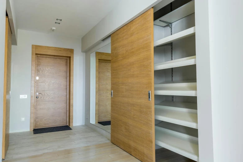 a hallway with a wooden door and shelves, by Adam Marczyński, unsplash, superflat, fit build, located in hajibektash complex, oak, clean 4 k