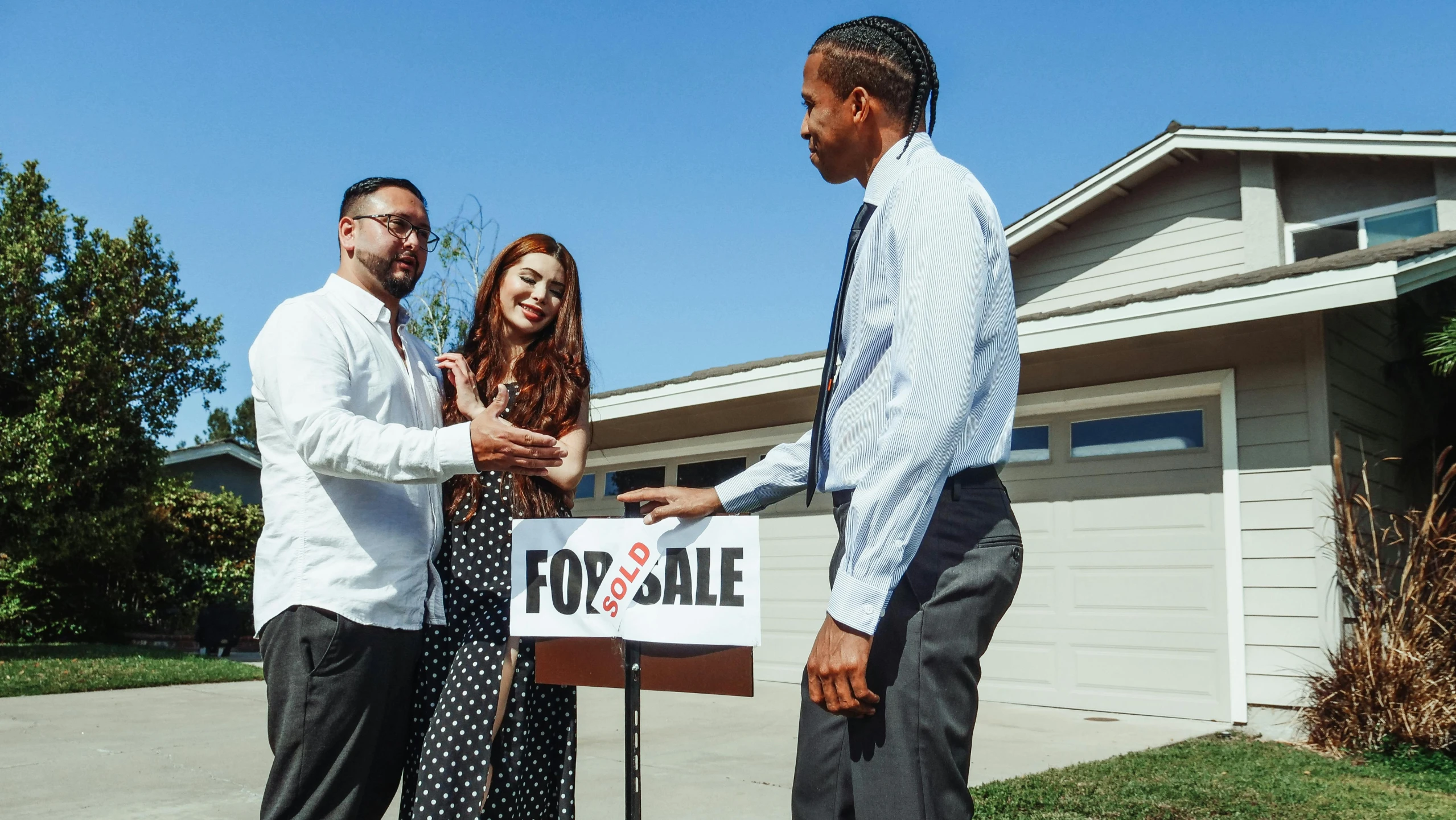 two men and a woman standing in front of a for sale sign, pexels contest winner, thumbnail, neighborhood, brown, profile image