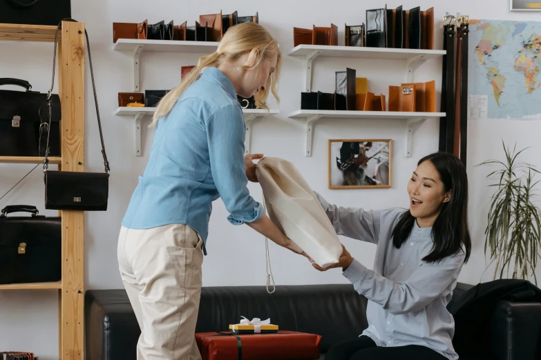 a woman standing next to a woman sitting on a couch, pexels contest winner, fluid bag, inspect in inventory image, all overly excited, presenting wares