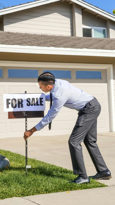 a man and woman in front of a house with a for sale sign, an album cover, unsplash, conceptual art, square, vehicle, bending down slightly, 15081959 21121991 01012000 4k