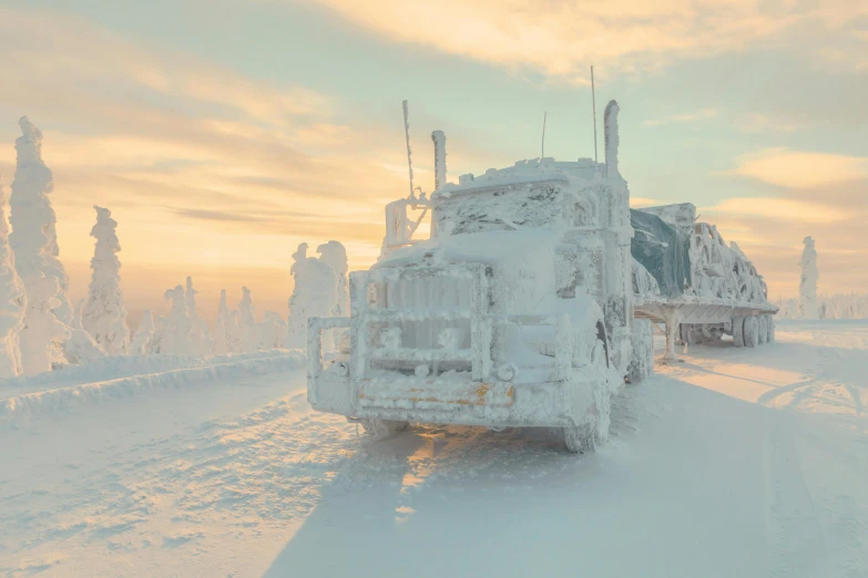 a large truck driving down a snow covered road, inspired by Mike Winkelmann, pexels contest winner, process art, white, at sunrise, cryo engine, posed