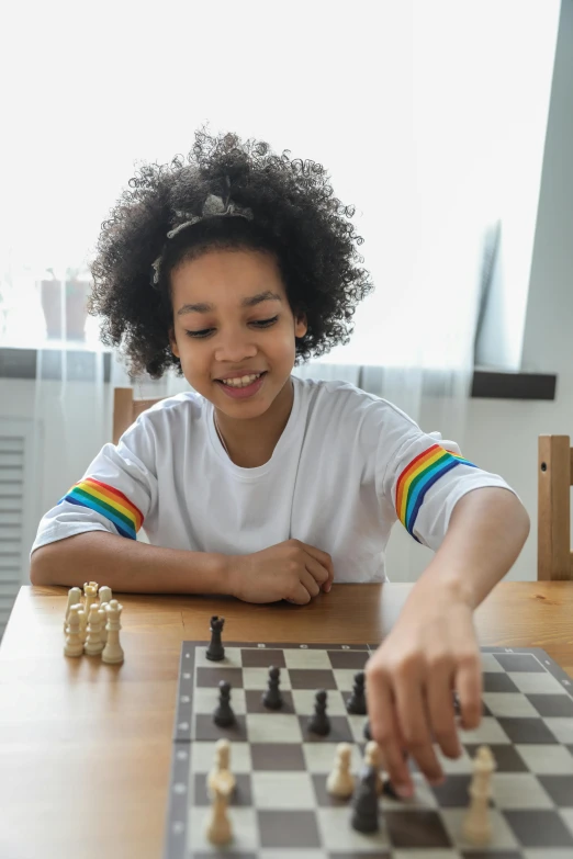 a young girl playing a game of chess, pexels contest winner, american barbizon school, on a white table, afro tech, lgbtq, thumbnail