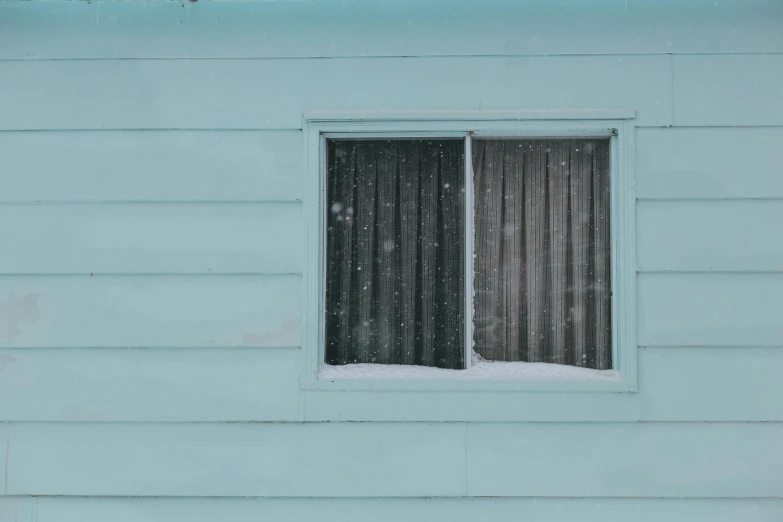 a fire hydrant in front of a blue house, an album cover, inspired by Elsa Bleda, postminimalism, winter blue drapery, window view, grey, teal