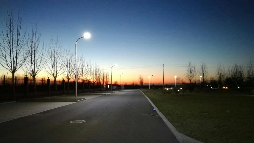 a person riding a skateboard down a street at night, tree-lined path at sunset, gas street lamps. country road, led floodlights, circular