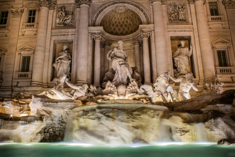 a large fountain with statues in front of it, a marble sculpture, by Giuseppe Avanzi, pexels contest winner, panoramic shot, neon roman, 2 5 6 x 2 5 6 pixels, brown