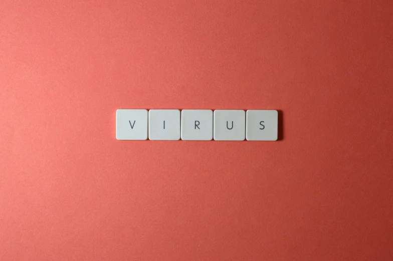 the word virus spelled in white tiles on a pink background, a photo, pixabay, visual art, 🦩🪐🐞👩🏻🦳, red cross, album cover, sirius