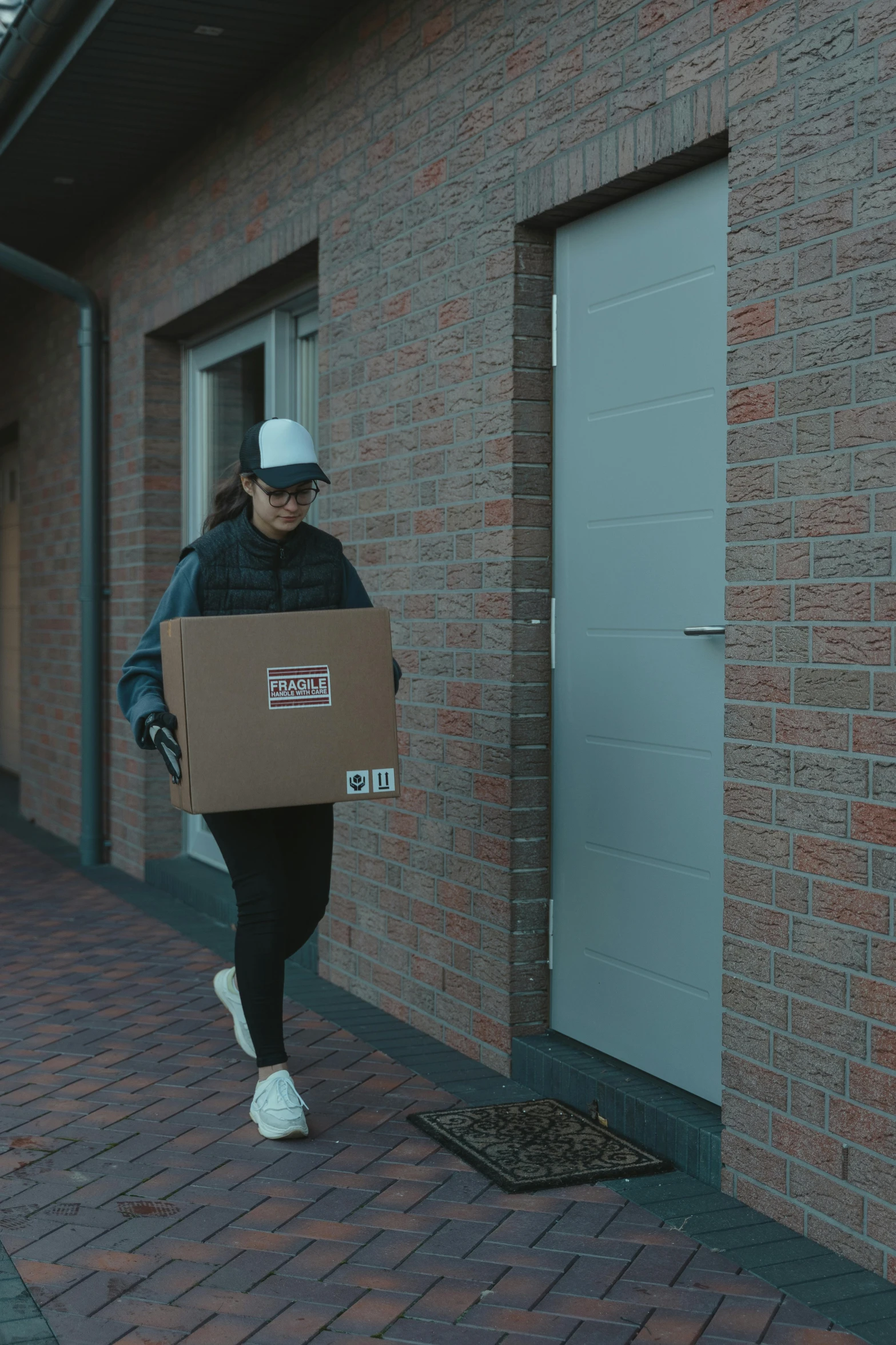 a woman walking down a sidewalk carrying a box, by Eglon van der Neer, pexels contest winner, home video footage, helmet is off, portal opening, in house