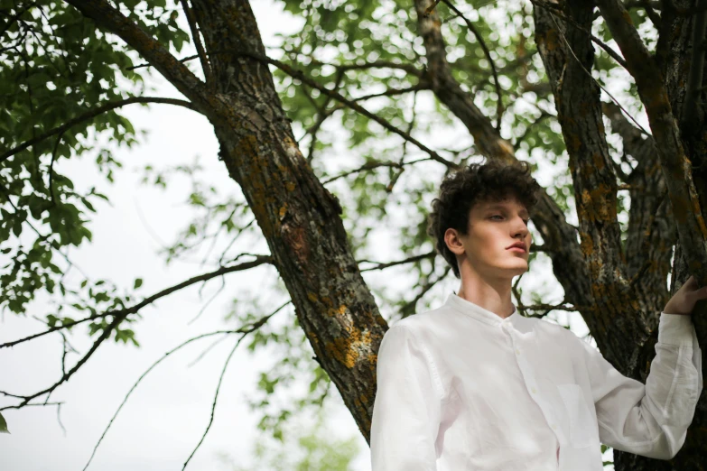 a man in a white shirt leaning against a tree, an album cover, by Attila Meszlenyi, unsplash, renaissance, delicate androgynous prince, azamat khairov, ignant, young and slender