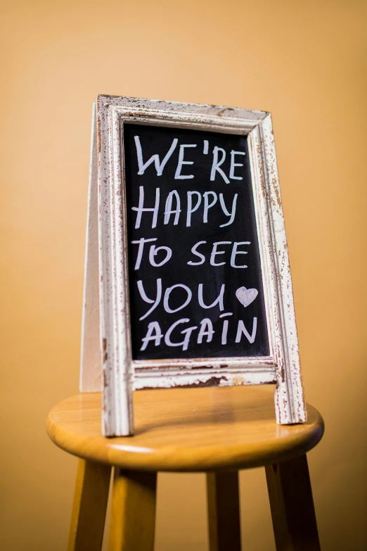 a chalk board that says we're happy to see you again, interior shot, profile image