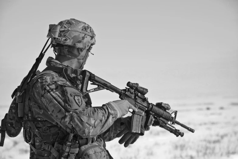 a black and white photo of a soldier with a rifle, pixabay, multicam, white american soldier, adaptive armor, panzer