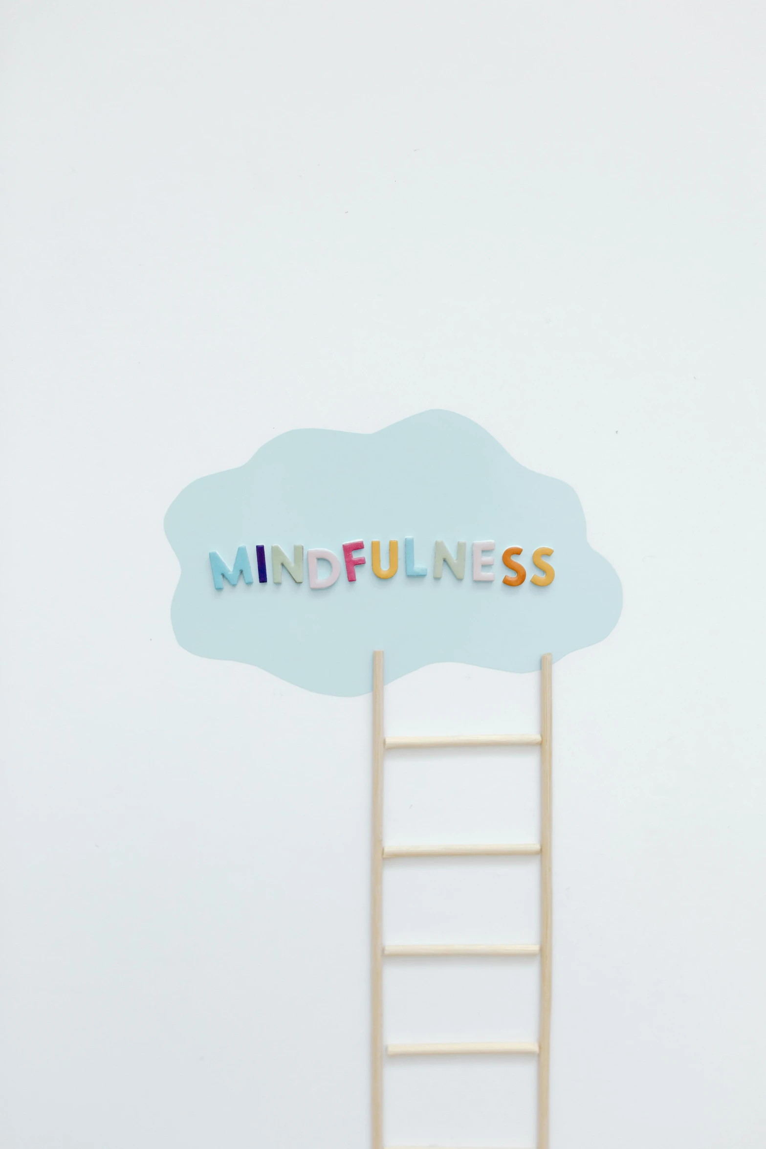 a ladder leading up to a cloud with the word mindfulness written on it, by Nina Hamnett, bedhead, sticker, demur, f / 1