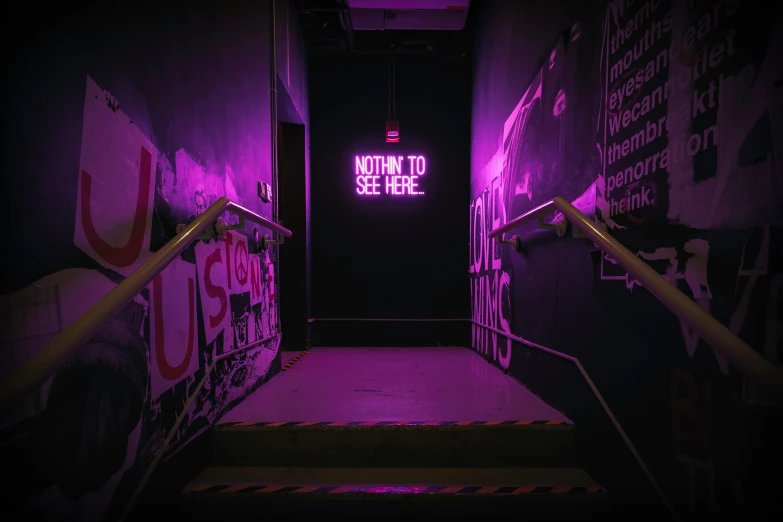 there is a neon sign on the wall above the stairs, by Nick Fudge, unsplash contest winner, graffiti, black and purple, pink vibe, instagram story, enter night